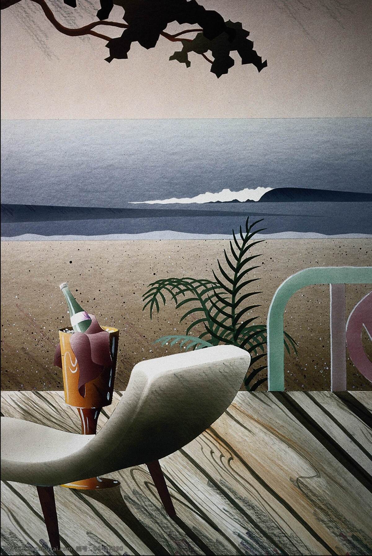 海滩 休息 插画 背景 大海 沙滩 油画 装饰画 手绘 素描 无框画 底纹背景 卡通背景 场景 书画文字 文化艺术