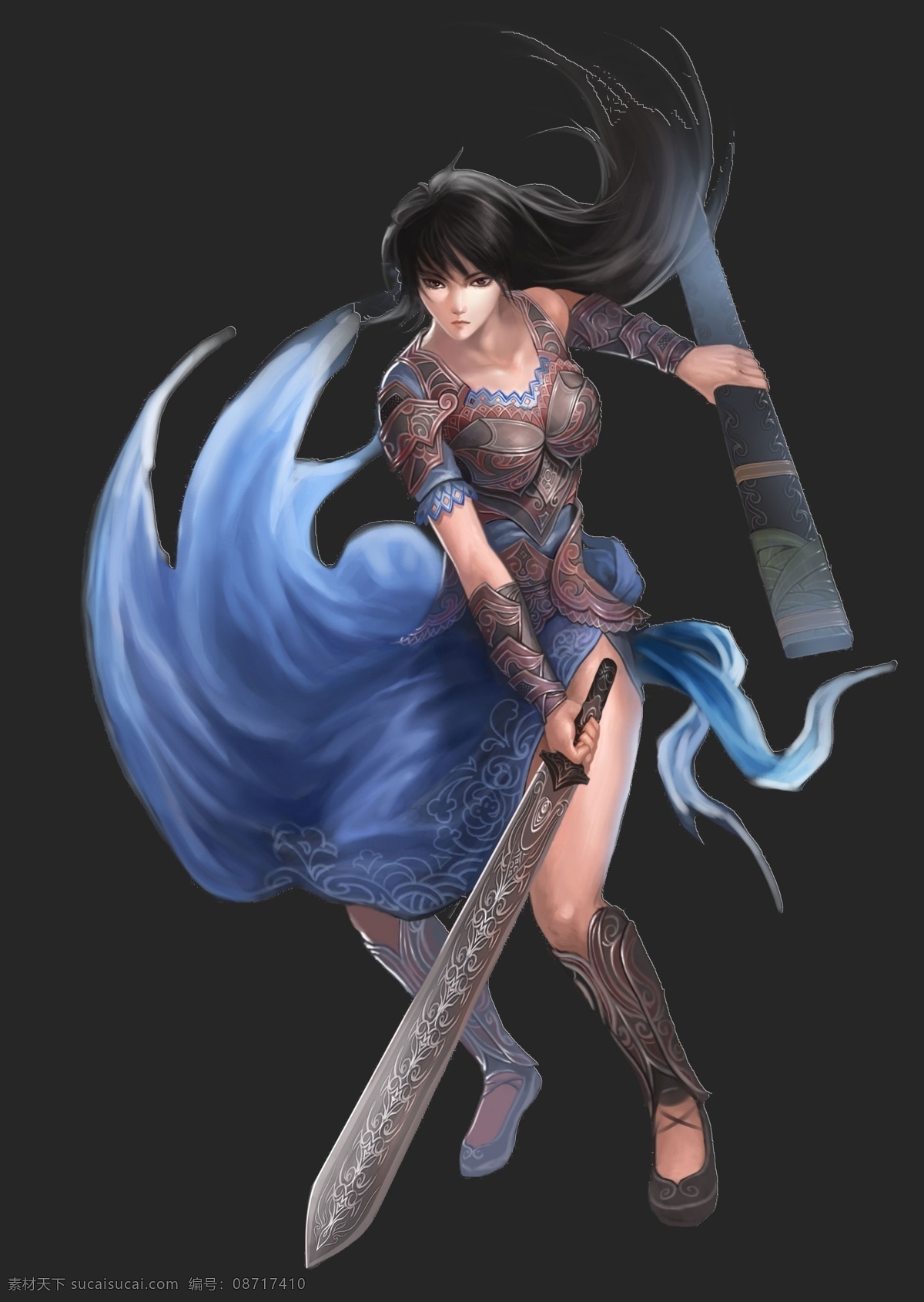 蓝裙女侠客 游戏 游戏素材 游戏角色 游戏人物 游戏美女 游戏原画 游戏设定 美女 性感 美腿 剑士 侠客 长剑 蓝裙 黑发 分层 源文件