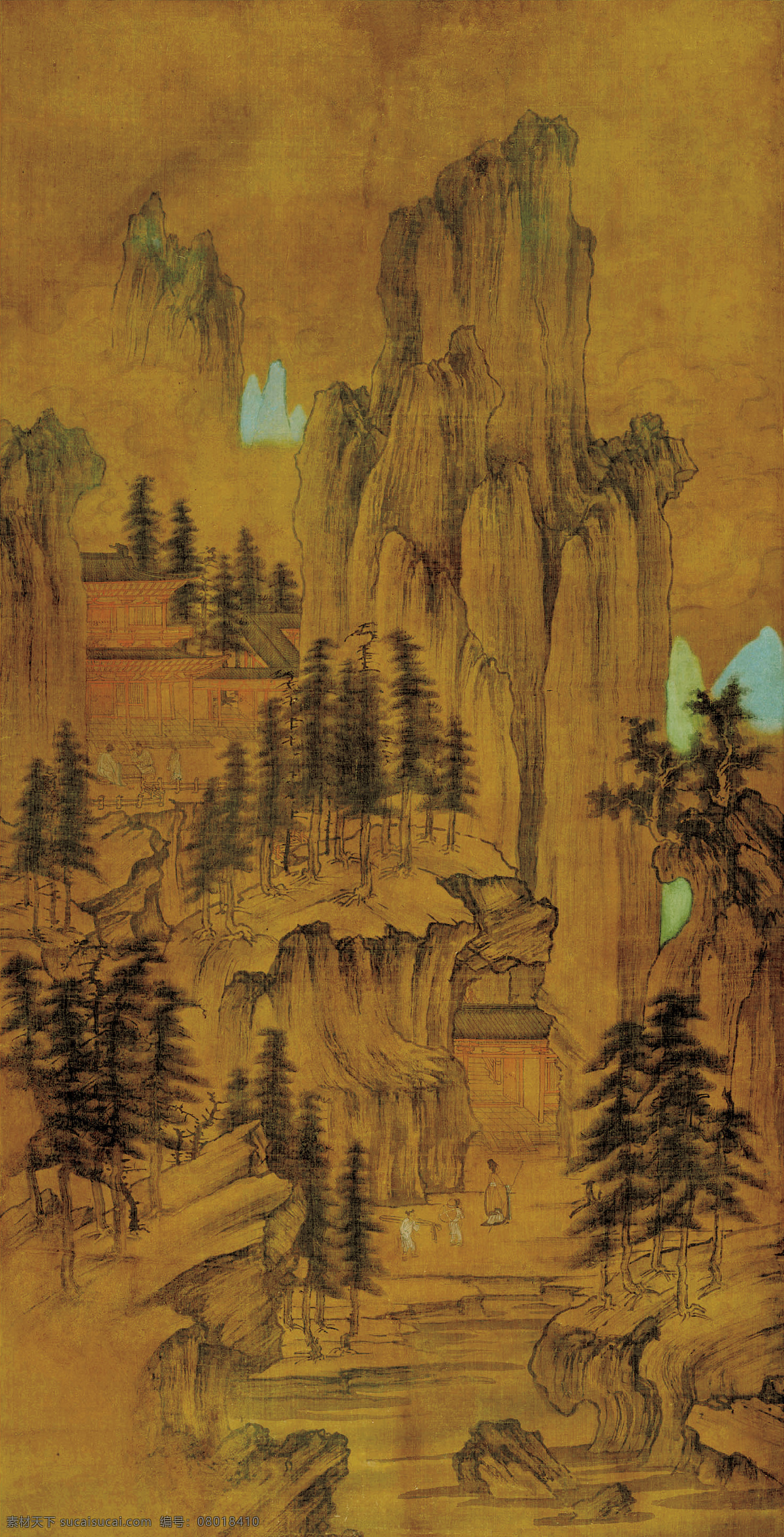 国画 山弈候约图 佚名 辽 山水 高山 流水 建筑 松树 人物 楼宇 绘画书法 文化艺术