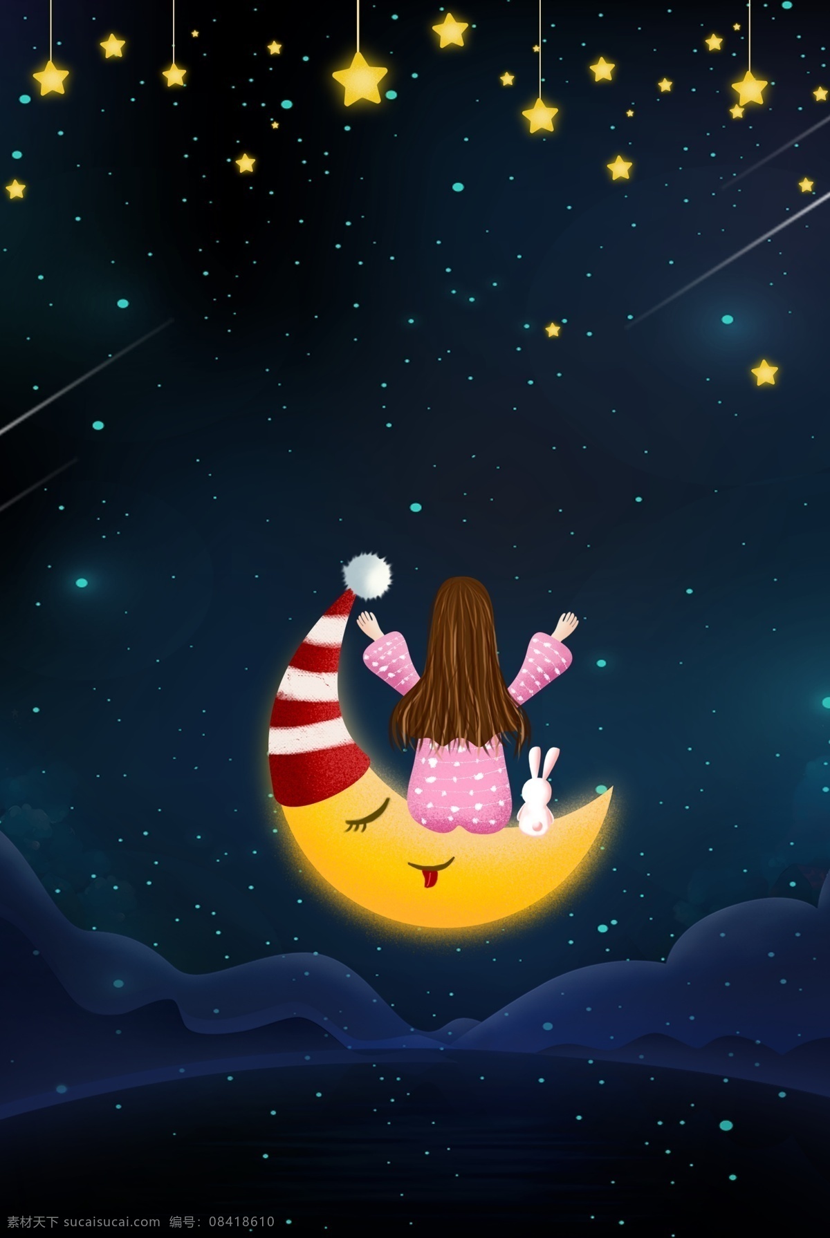 世界 睡眠 日 卡通 夜景 月亮 海报 321 睡眠日 晚安 睡觉 休息 女孩 星星