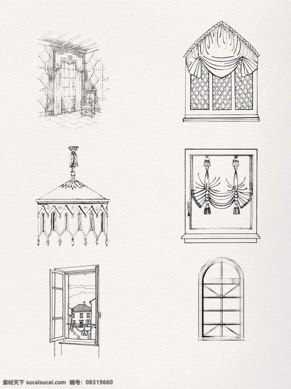 黑白 创意 系列 窗户 窗 窗帘 简约 素描 元素