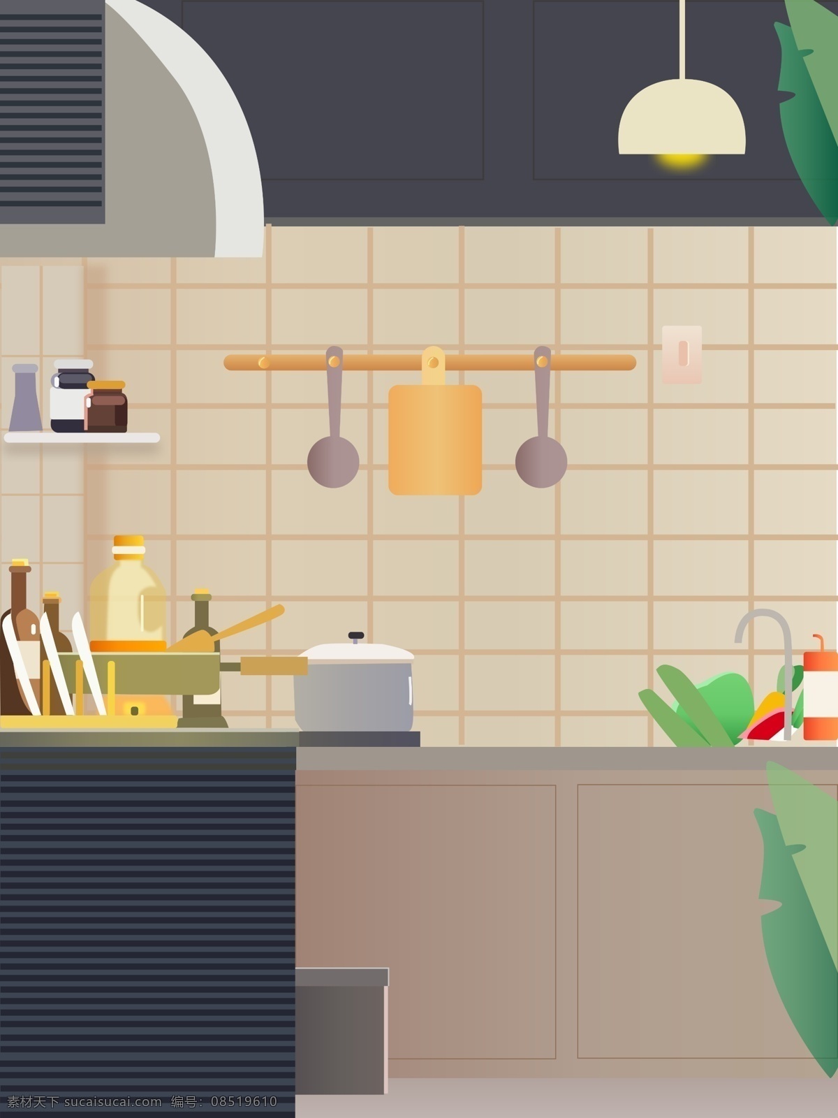 现代 生活 厨房 手绘 背景 卡通 彩色 创意 装饰 设计背景 海报背景 简约 图案