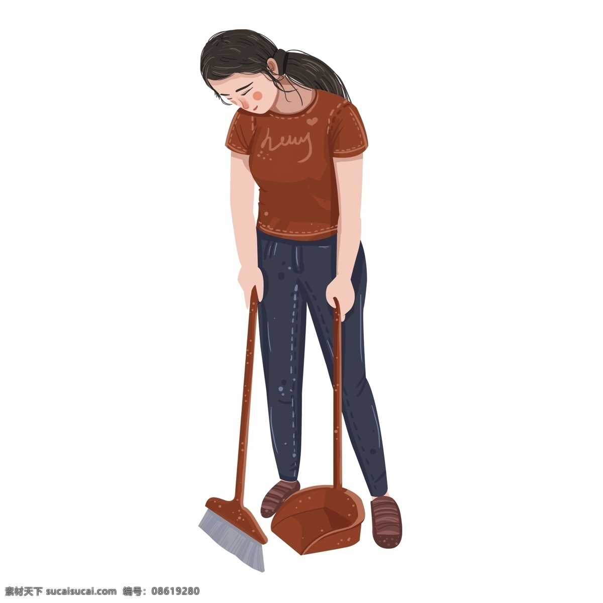 手绘 劳动节 打扫 女孩 卡通 插画 劳动妇女 女人 人物 扫地 扫把 扫帚
