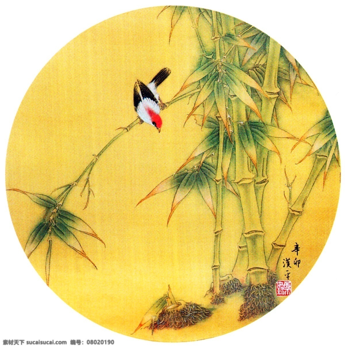 竹子国画 竹叶 竹子 竹节 国画花鸟 花鸟画 圆面 早春时节 绢布绘画 装饰画 挂画 无框画 国画集 绘画书法 文化艺术