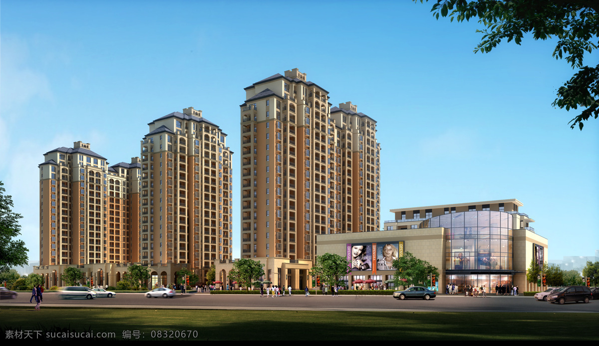 小区 透视 环境设计 建筑 建筑效果图 景观 景观设计 楼房 小区透视 白天 效果图 住宅