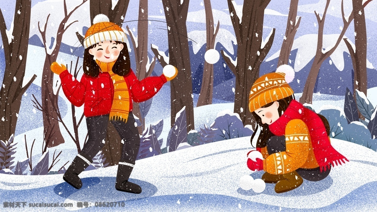 唯美 冬季 雪地 女孩 打雪仗 肌理 插画 冬天 冬季插画 孩子打雪仗 打雪仗插画 雪球 冬季打雪仗 大雪 大雪插画 冬季雪景 下雪 白雪 节人物插画 冷色 寒冷 手绘