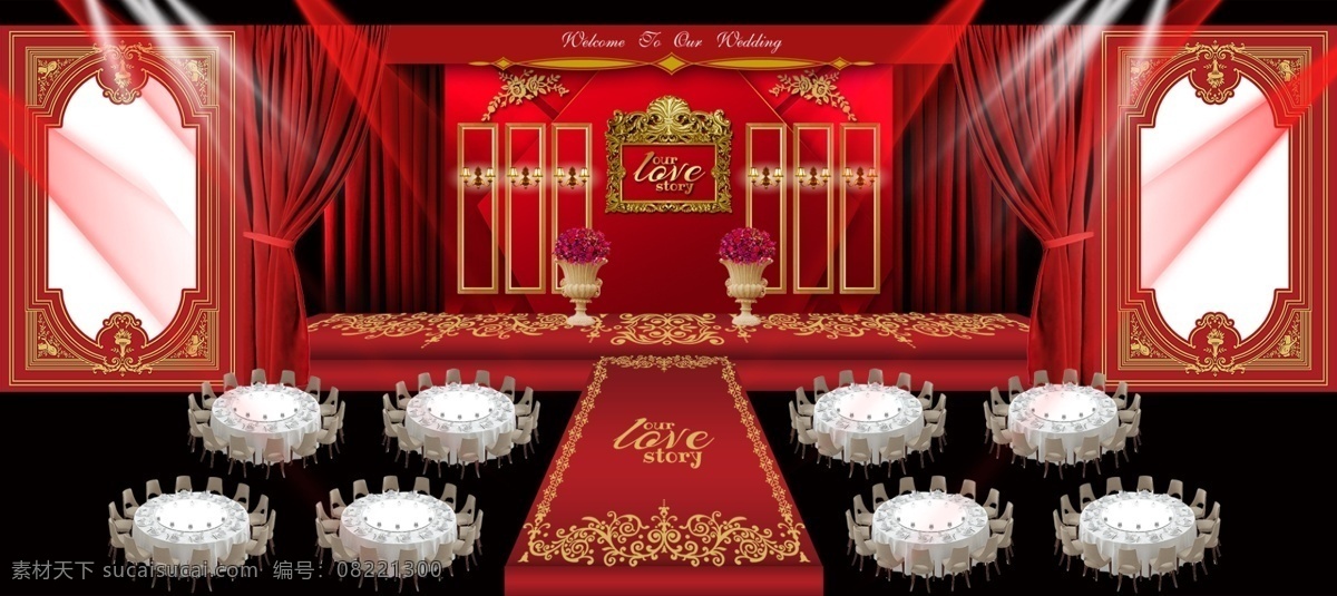 欧式 红 金色 婚礼 效果图 主 背景 花纹 红金色 主背景 灯光舞美 相框 桌椅 花艺 布幔