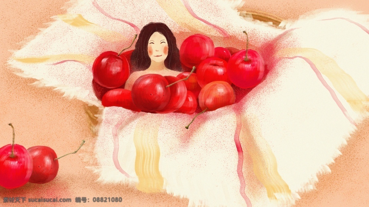 樱桃 女孩 原创 水果 卡通 插画 暖色 配图 壁纸