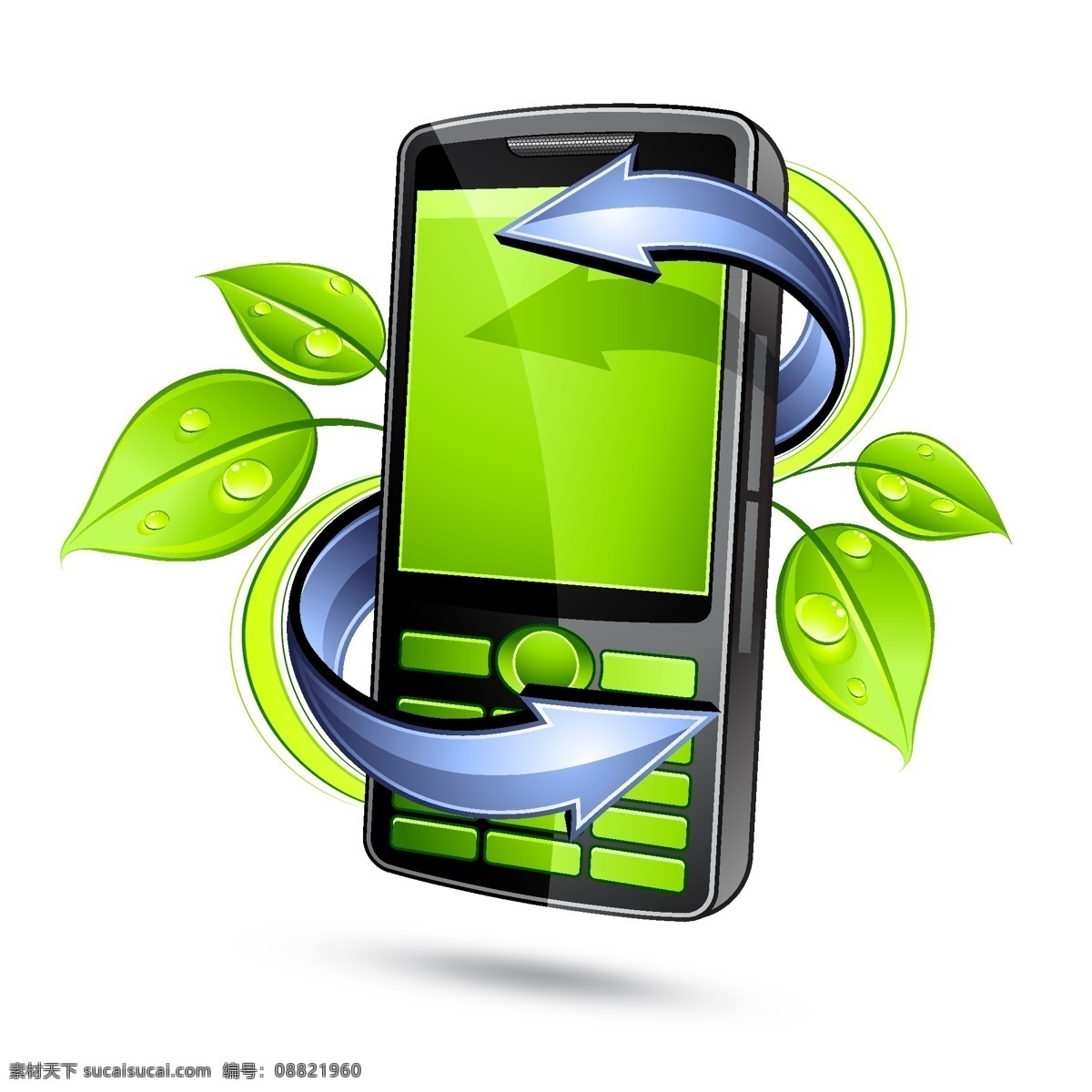绿叶 手机 矢量 mobile 缠绕 动感箭头 立体箭头 矢量素材 水珠 通讯 矢量图 现代科技