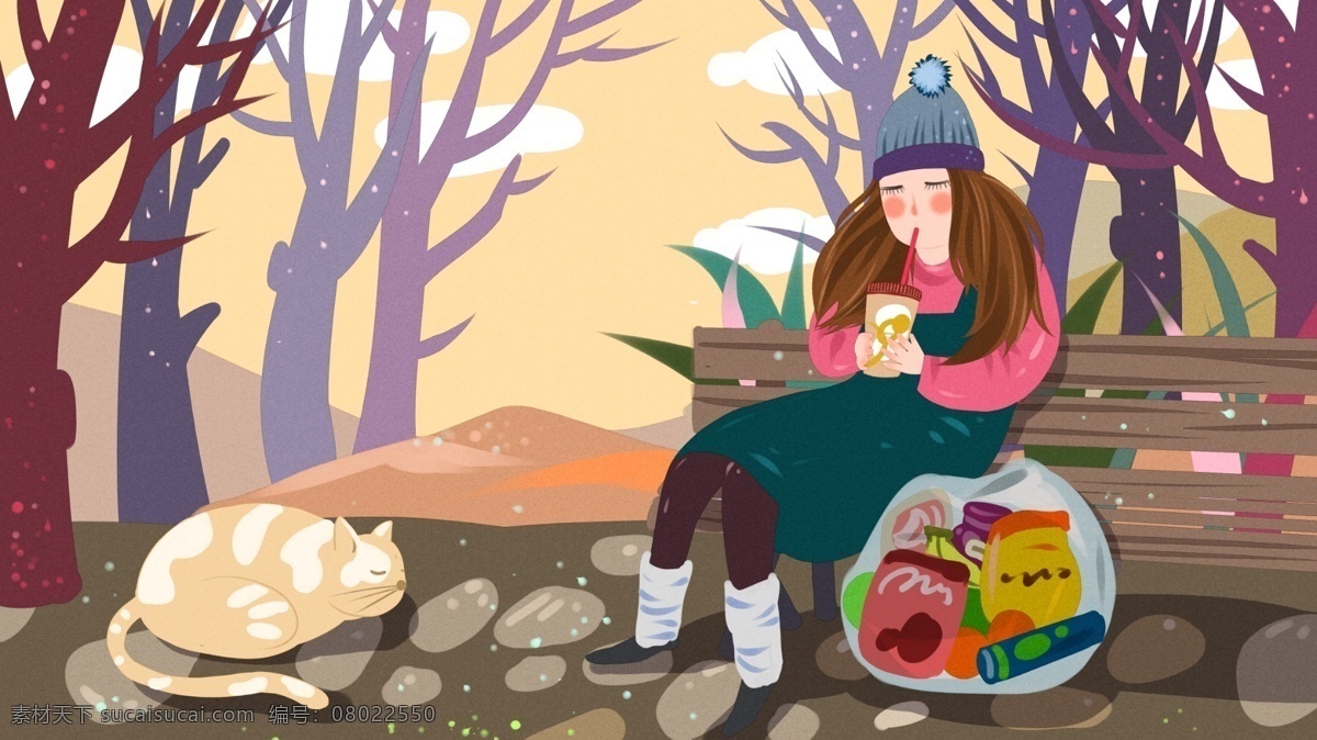 个人 生活 长椅 上 喝 咖啡 女孩 清新 插画 猫 帽子 购物 零食 一个人的生活 公园 树