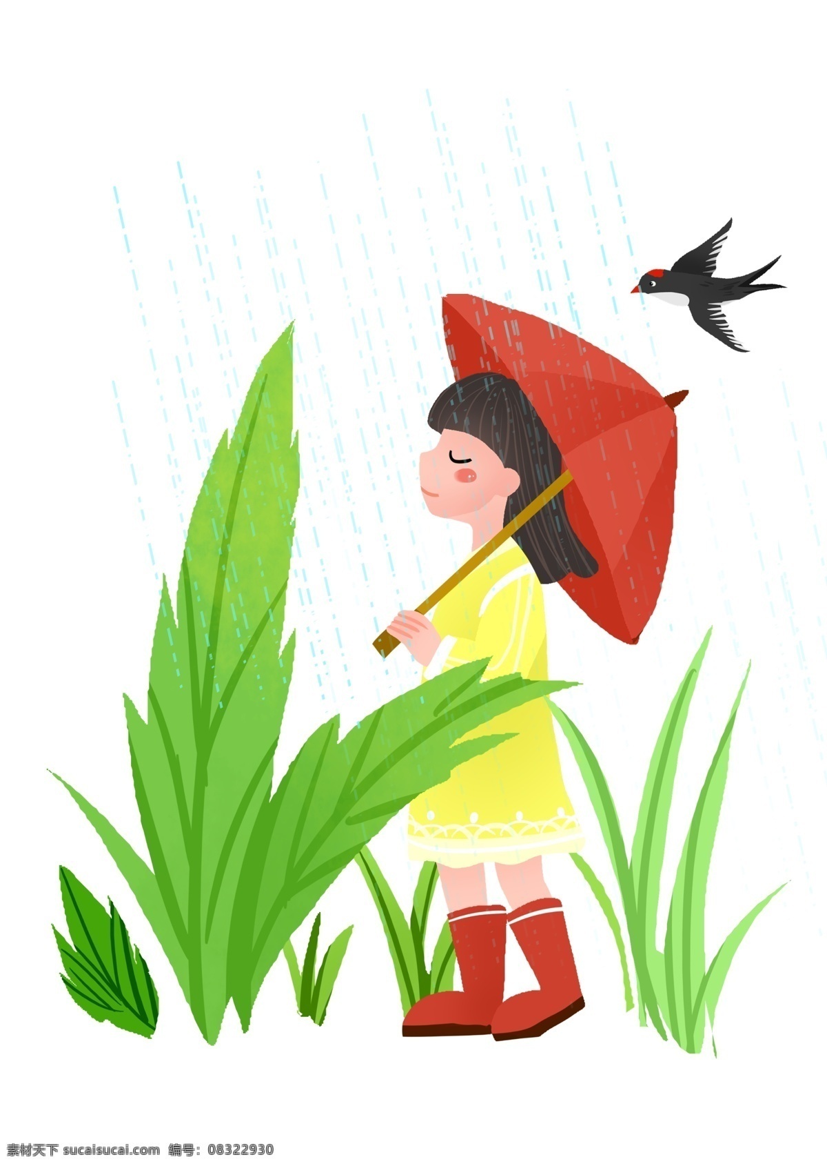 清明 撑伞 卡通 插画 飞舞的燕子 清明插画 卡通插画 节气 节日 二十四节气 清明节 绿色的植物