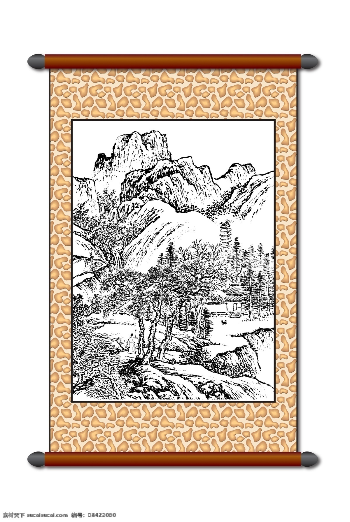 手绘 大好 山河 白描 风景画 挂画 山水 psd源文件