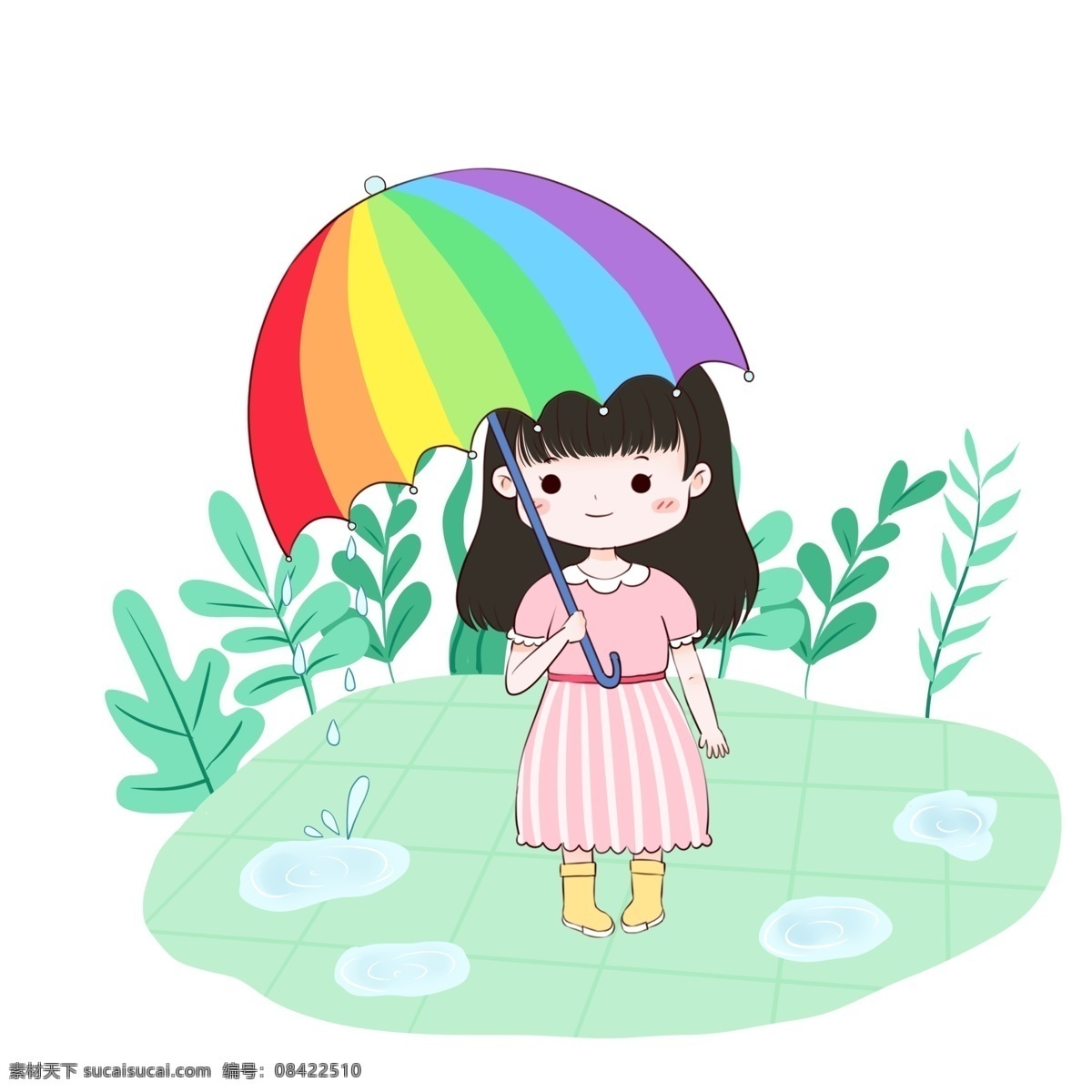 春天 撑伞 小女孩 免 扣 撑伞的女孩 彩虹色绿色 植物 初春 下雨 雨滴 水坑 穿裙子的女孩 春季 手绘 小清新
