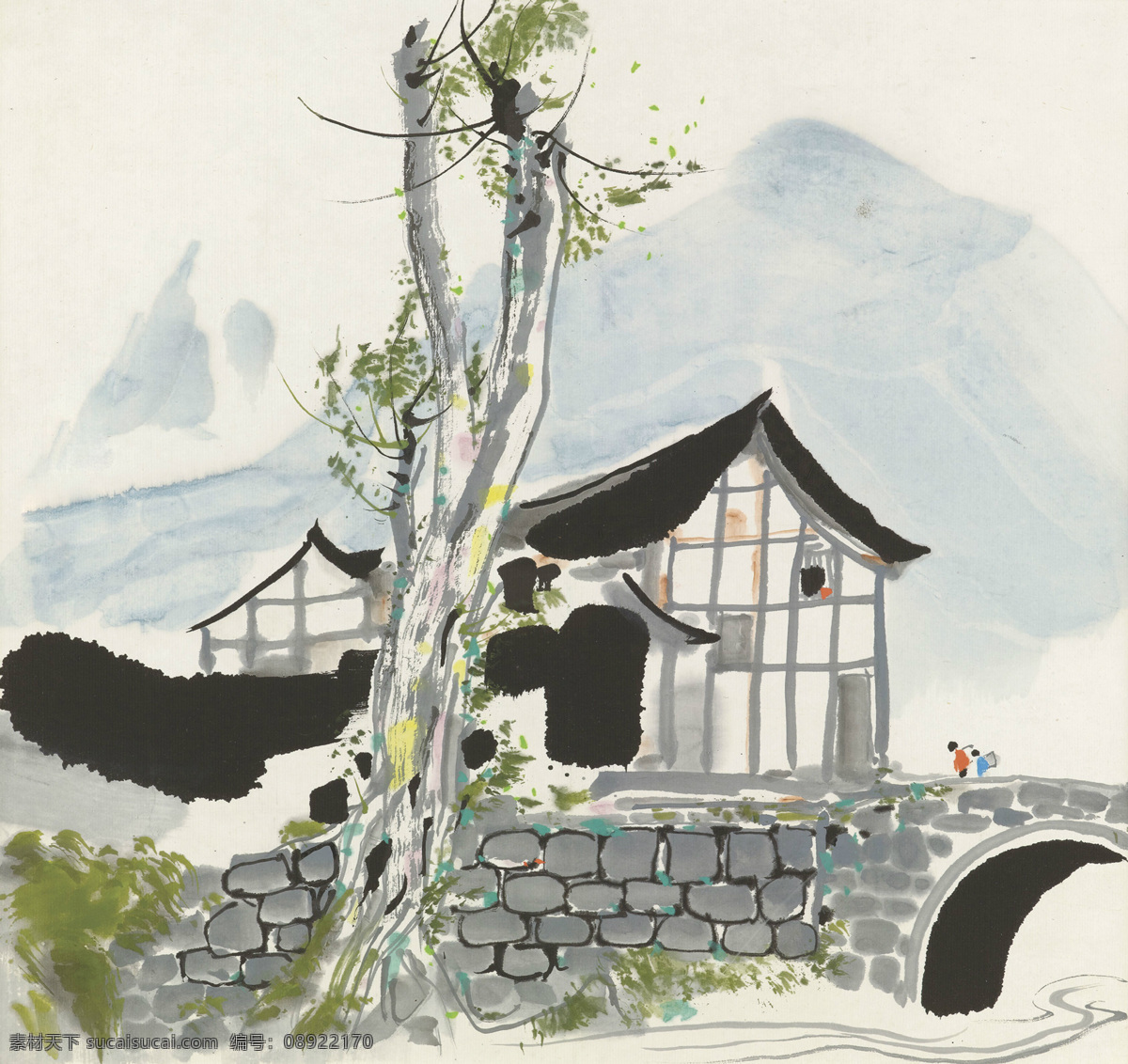 水墨江南 水墨 大树 拱桥 村头 小屋 江南风情 水墨山水 水墨画 水墨抽象 中国风 国画 文化艺术 绘画书法