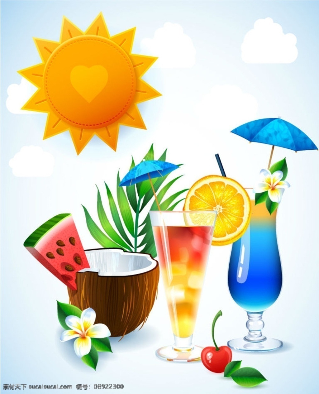 精美 夏日 饮品 矢量 夏季 夏天 椰汁 西瓜 鸡尾酒 伞 樱桃 花卉 花朵 柠檬 果汁 饮料 太阳 爱心 心形 心型 云朵 白云 度假 假期 假日 沙滩 插画 背景 海报 画册 休闲 食品果蔬 生活百科 餐饮美食
