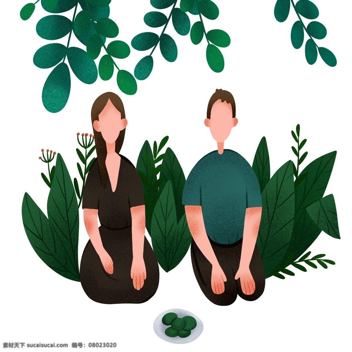 清明节 上坟 插画 上坟的夫妻 卡通的插画 清明节插画 清明 节气 节日 祭拜 绿色的植物