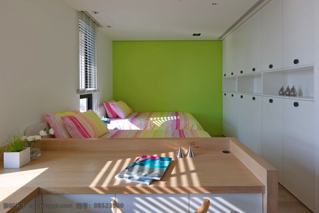简约 卧室 床铺 装修 效果图 方形吊顶 绿色墙壁 木地板 书桌