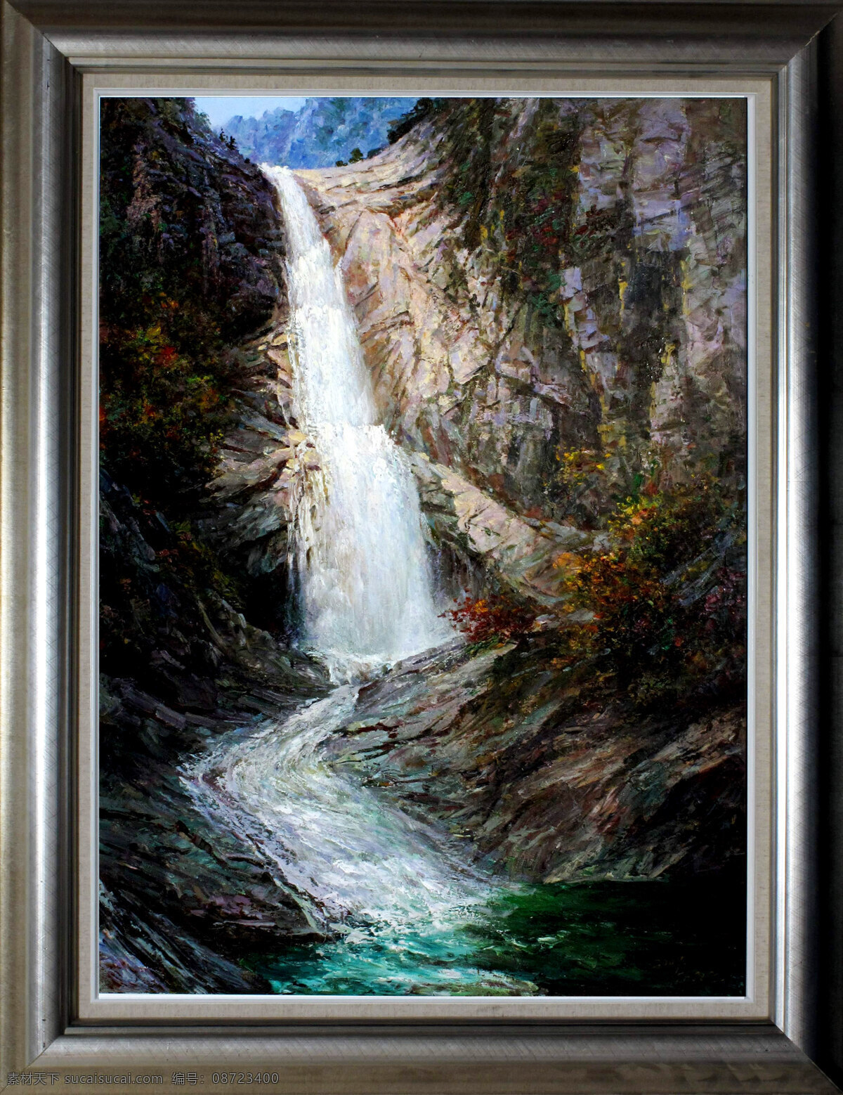 风景画 绘画 绘画书法 美术 瀑布 山岭 山崖 飞瀑 设计素材 模板下载 山崖飞瀑 油画 现代油画 溪流 岩石 树木 油画艺术 油画作品5 文化艺术 家居装饰素材 山水风景画