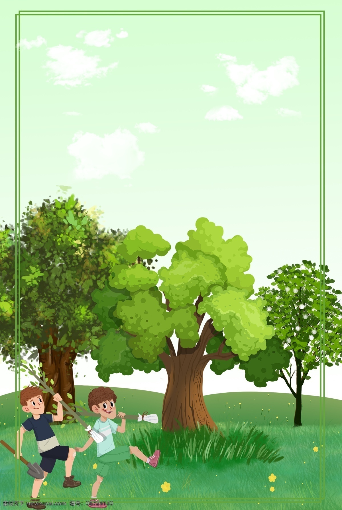 植树节 绿色 卡通 简约 清新 背景 绿色背景 风景 人物 树 插画