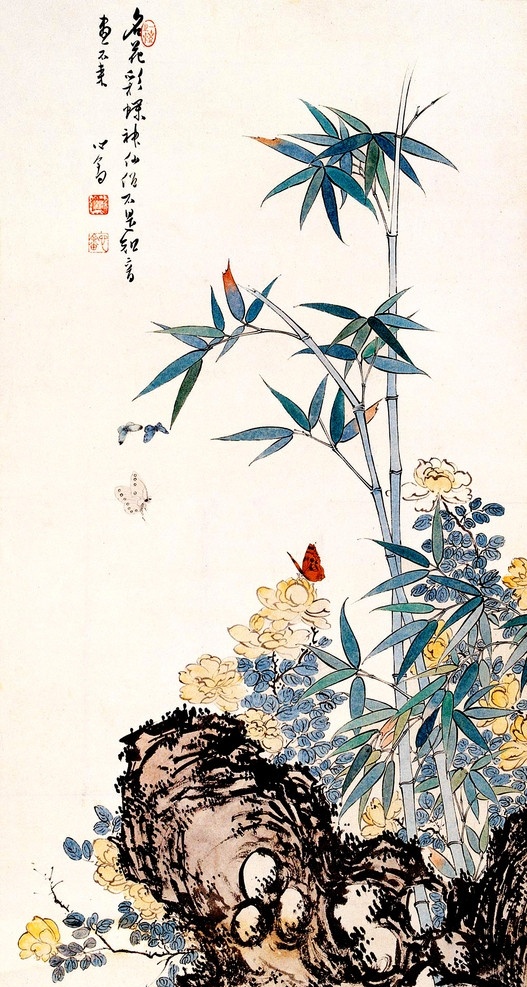 竹石花蝴图 美术 国画 水墨画 彩墨画 竹子 花卉 石头 蝴蝶 水草 书法 印章 国画艺术 花鸟 虫草 画 小品 绘画书法 文化艺术