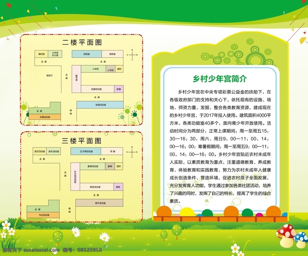 乡村 少年宫 展板 背景 乡村少年宫 平面图 绿地 花草 蘑菇 板式