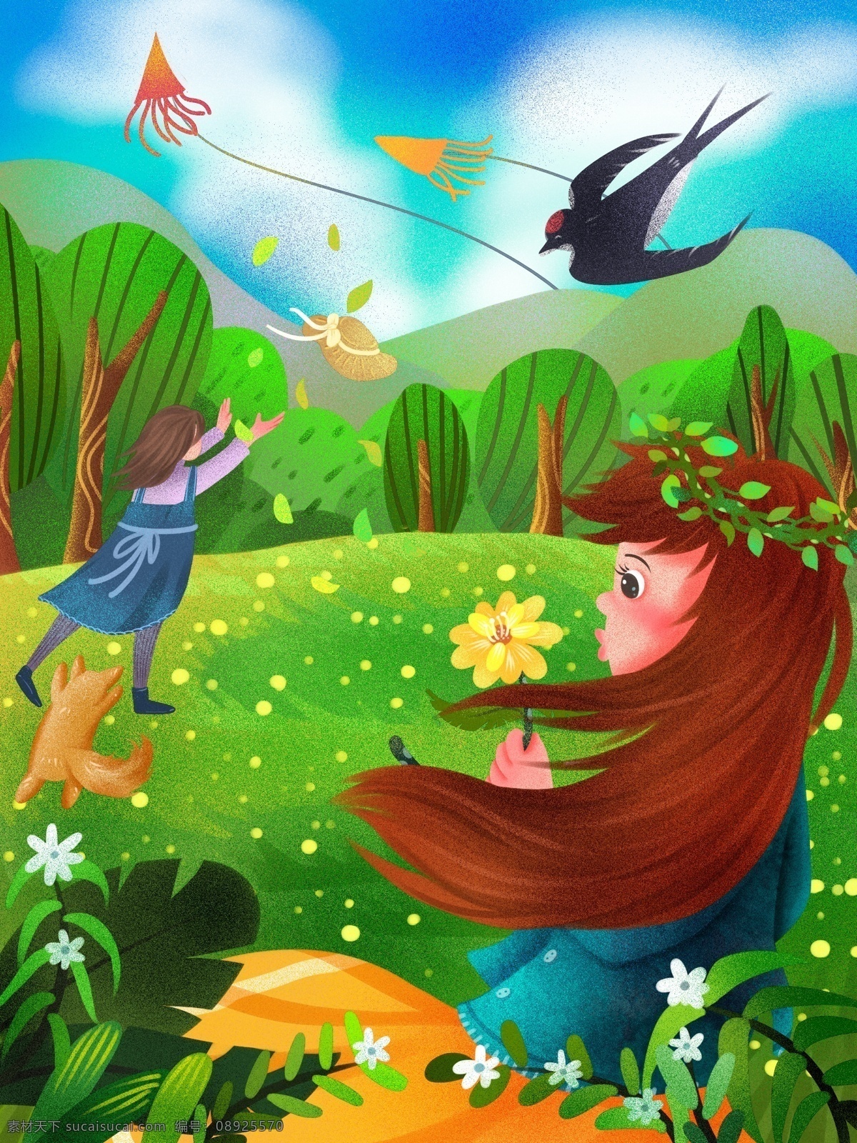 原创 小 清新 插画 户外 踏青 游玩 背景 绿色 春意 燕子 郊游 孩儿们 女孩 风筝
