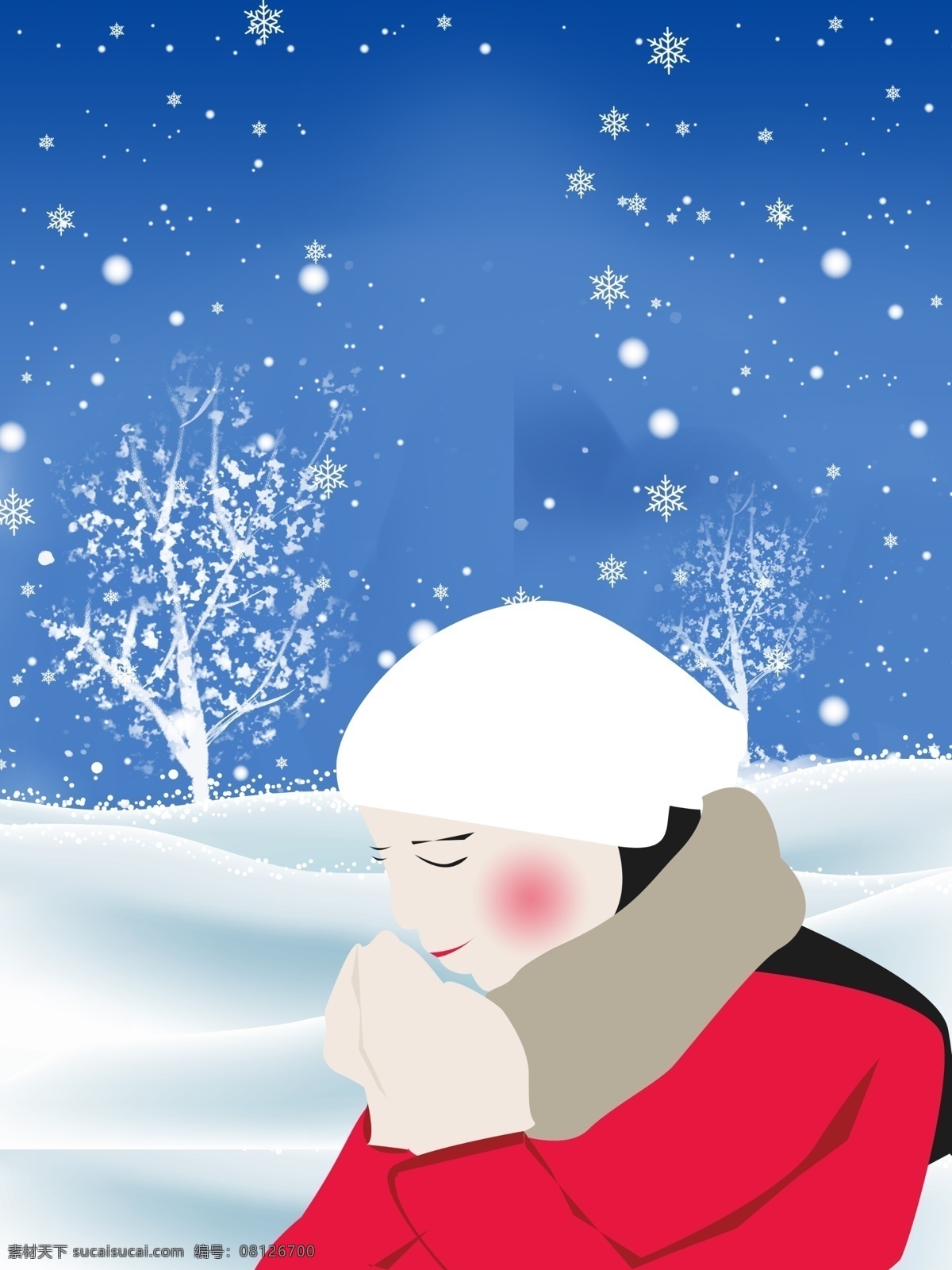 手绘 冬季 戴 白色 帽子 女孩 背景 雪花 冬天 背景素材 白色帽子 雪地 冬天快乐 雪人 冬天早晨 广告背景素材