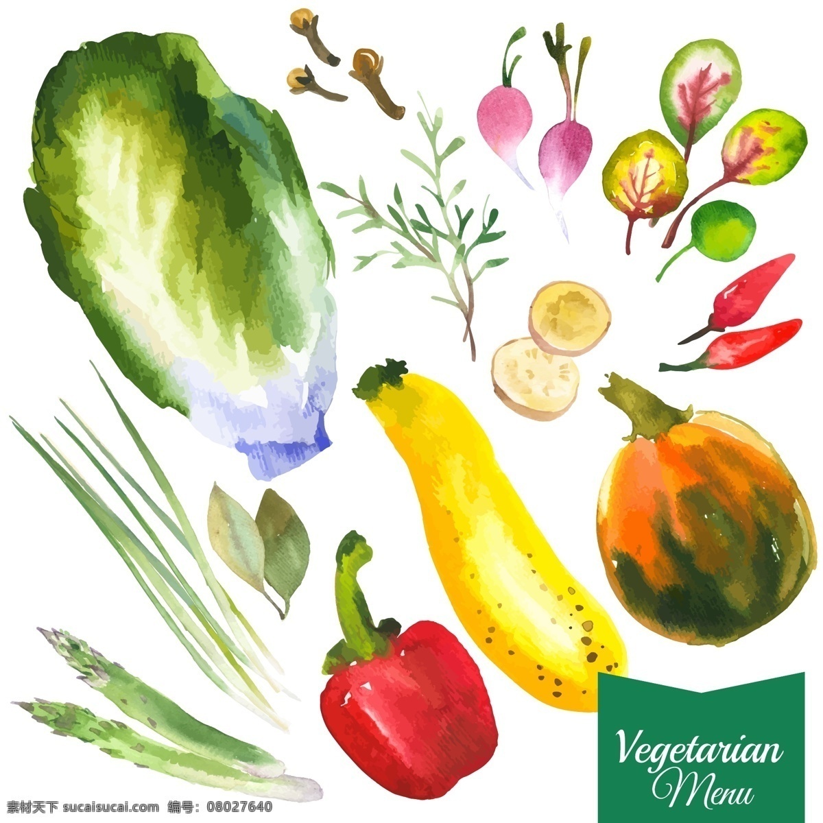 水彩 绘 蔬菜 水果 插画 白大菜 水彩绘 辣椒 南瓜 柠檬