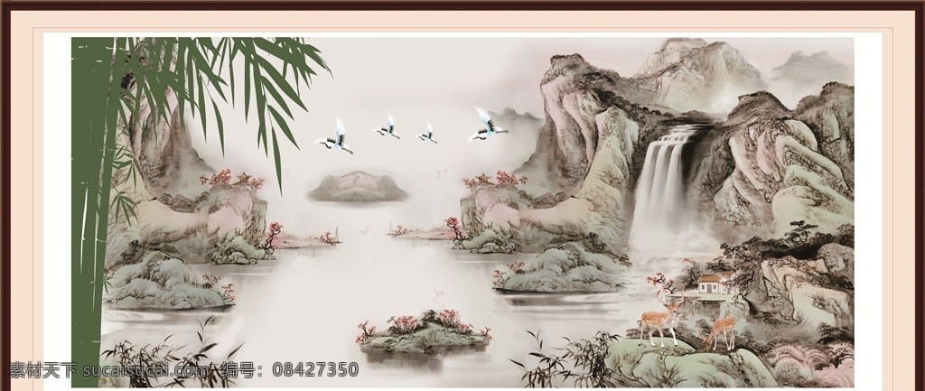中国风景画 矢量 油墨 画框