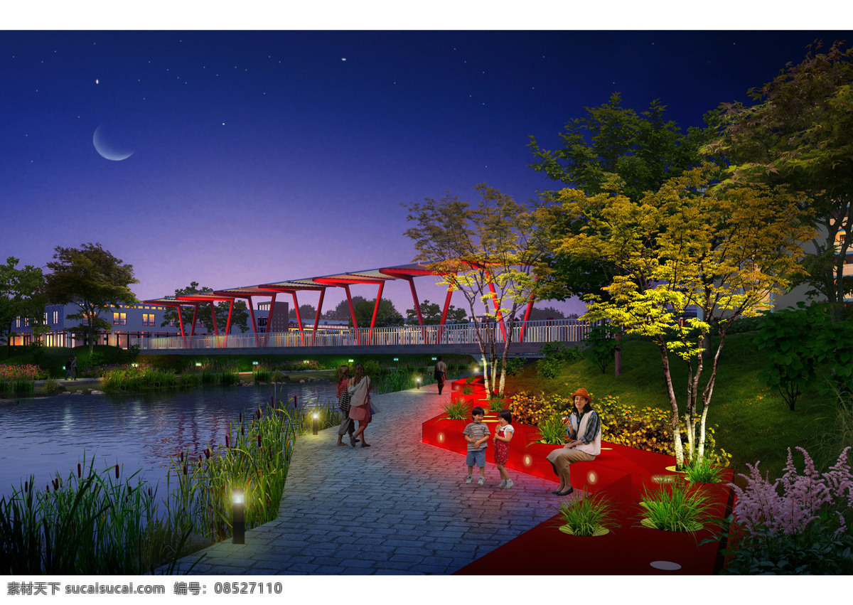 背景 大学 倒影 红色 环境设计 建筑设计 桥 景观 夜景 设计素材 模板下载 大学景观夜景 天堂 水面 家居装饰素材