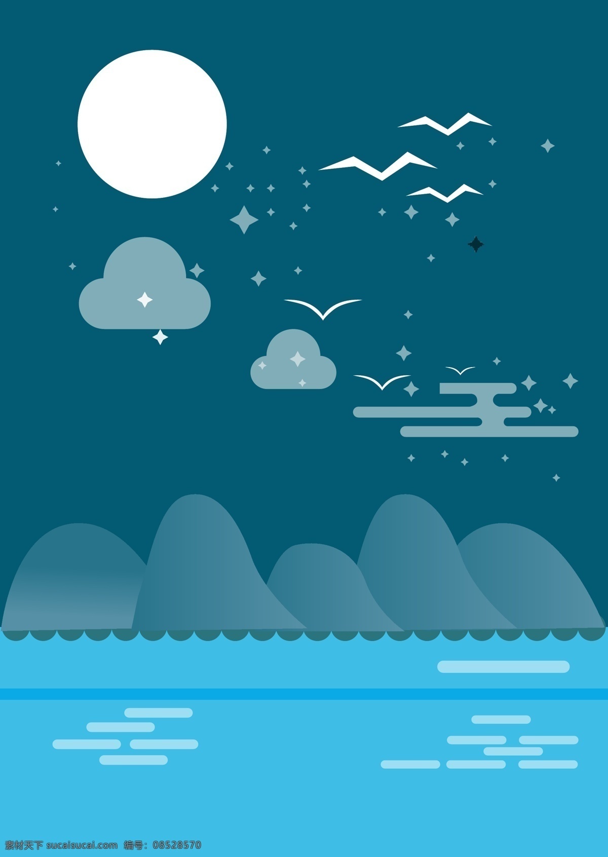 海鸥白云插画 海欧 水 山 插画 白云 自然景观 自然风光