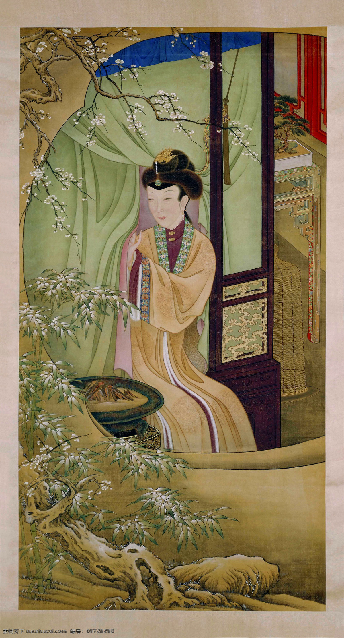 暗香 头饰 长裙 美女 凤簪 梅花 树木 山石 院落 窗户 栏杆 木床 蚊帐 炭火 家具 盆景 仕女 国画 清代 人物 工笔 古典 古代 绘画 书法 名家工笔仕女 绘画书法 文化艺术