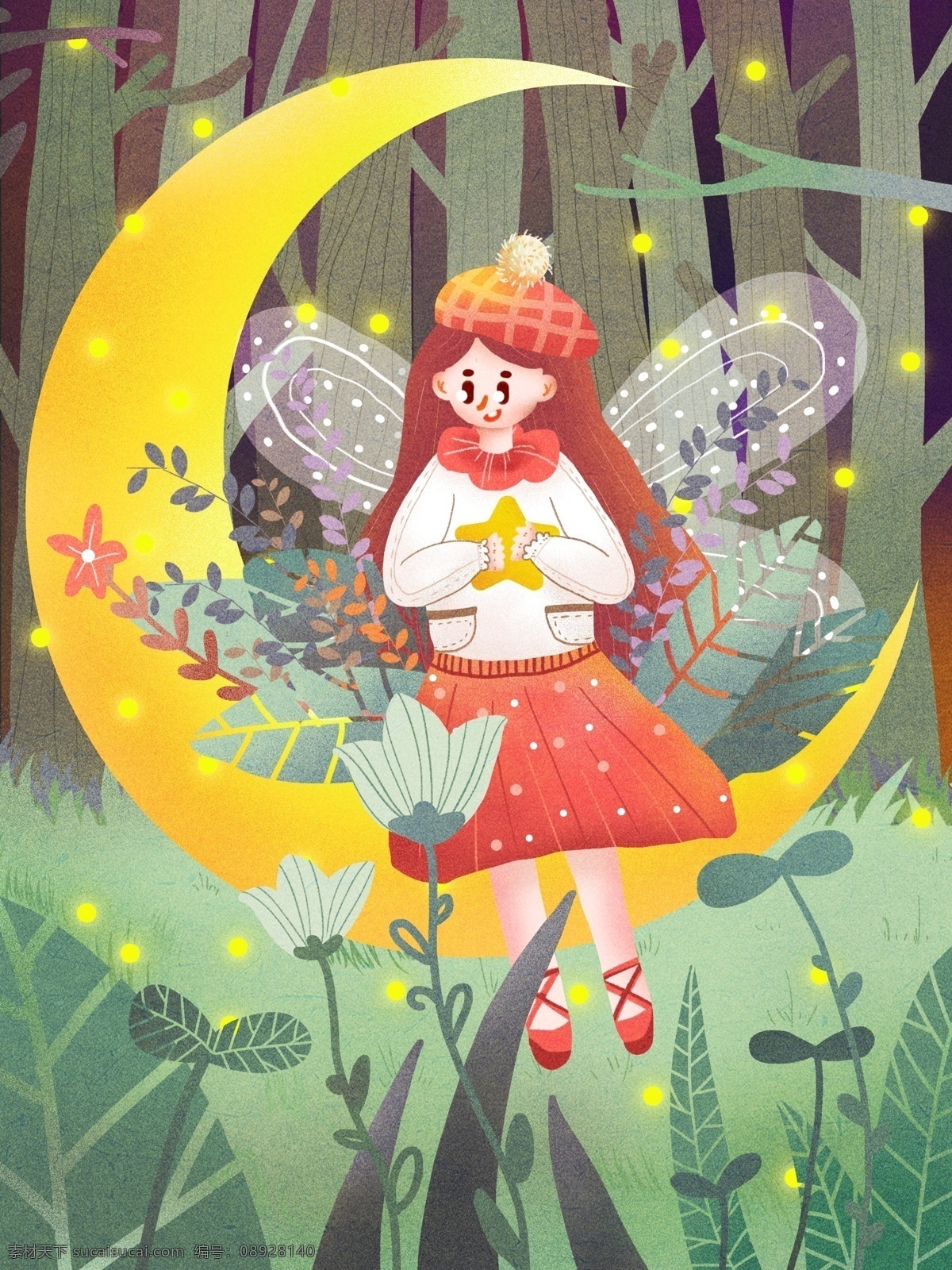 晚安 治愈 可爱 森林 少女 精灵 肌理 噪 点 植物 星星 翅膀 抱星星 噪点