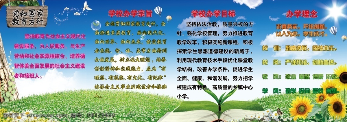 白鸽 草地 广告模板 广告设计模板 蓝天白云 理念 太阳 学校展板 教育方针 教学目标 宗旨 学校 校园文化 向日葵 展板模板 源文件 其他展板设计