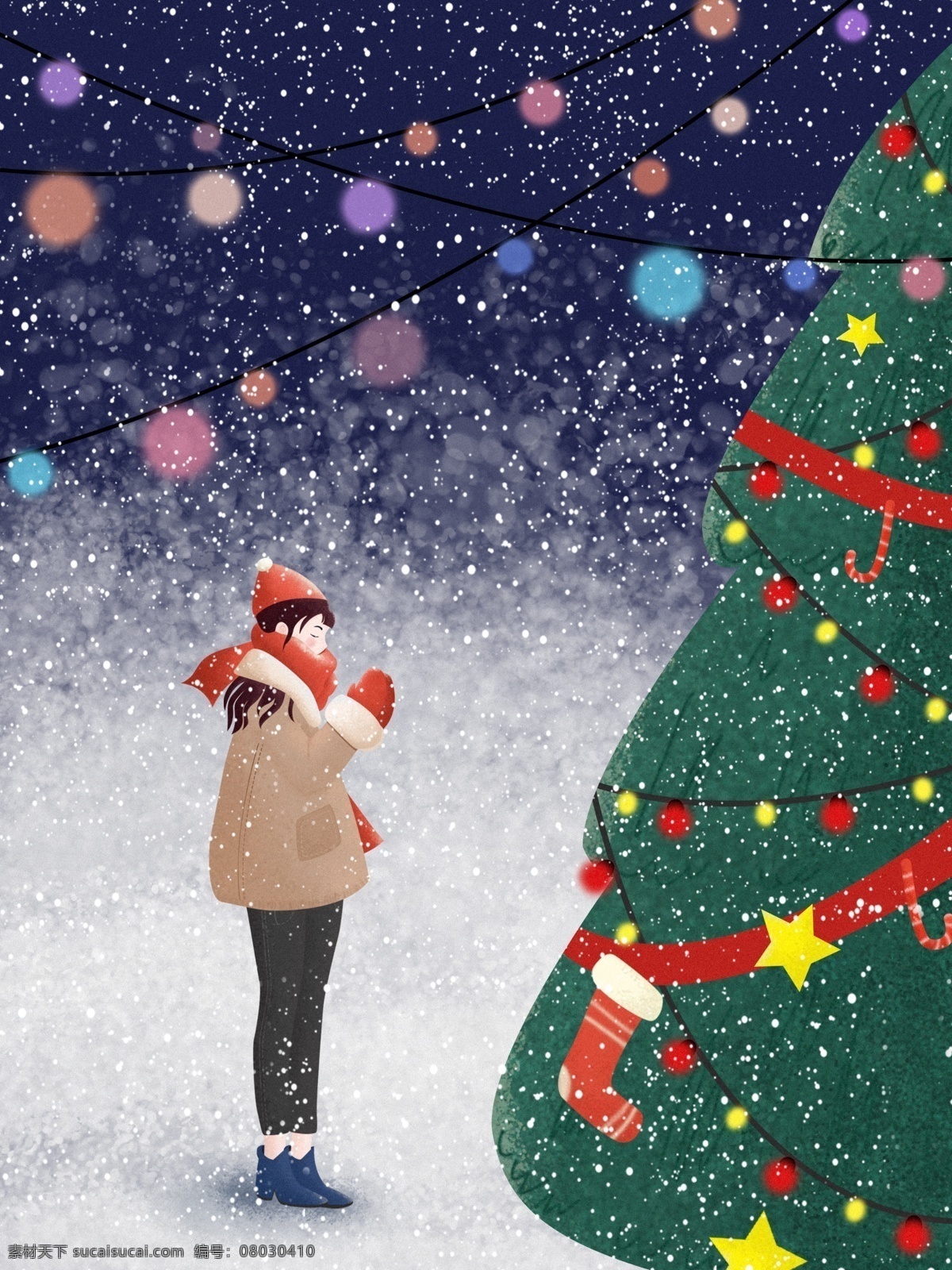 手绘 冬季 圣诞节 女孩 背景 大雪 冬天 跨年 圣诞节背景 雪天 女孩背景