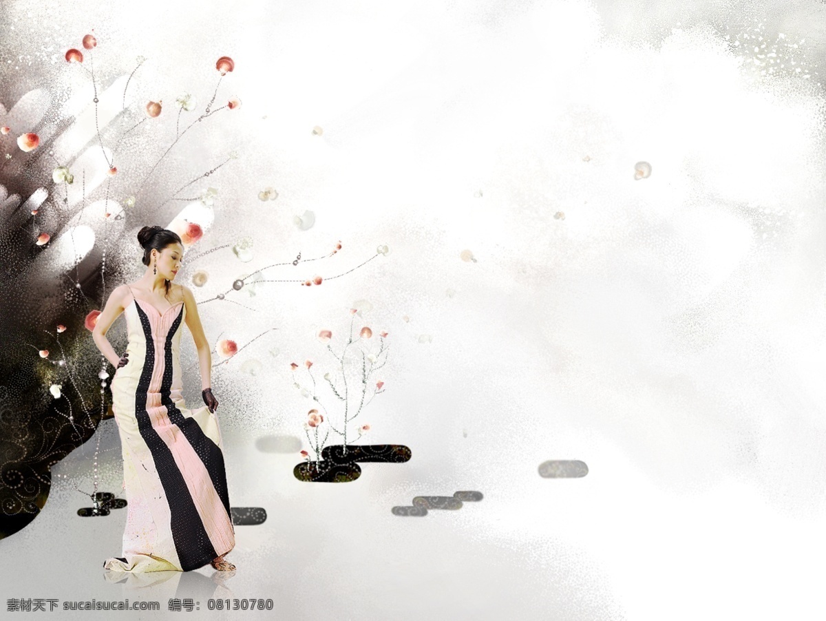 窈窕 美女 唯美 水墨 毛 笔画 插花 笔墨画 插画 分层图片 梅花 水墨画 唯美风格 性感美女 psd源文件