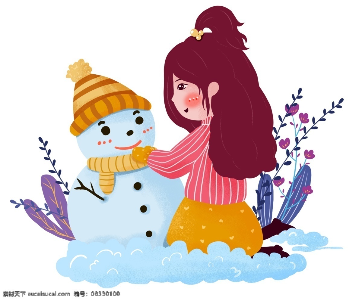 手绘 堆 雪人 女孩 插画 手绘女孩 白雪 户外 植物 堆雪人 手绘雪人 长头发 大寒 红色毛衣 人物插图