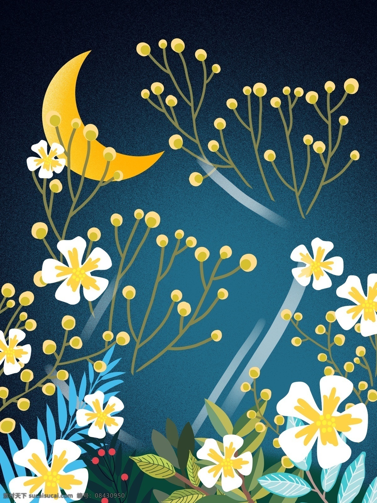 手绘 花丛 晚安 背景 月亮 花朵 广告背景 促销背景 背景图 晚安背景 晚安世界 psd背景 特邀背景 背景展板图