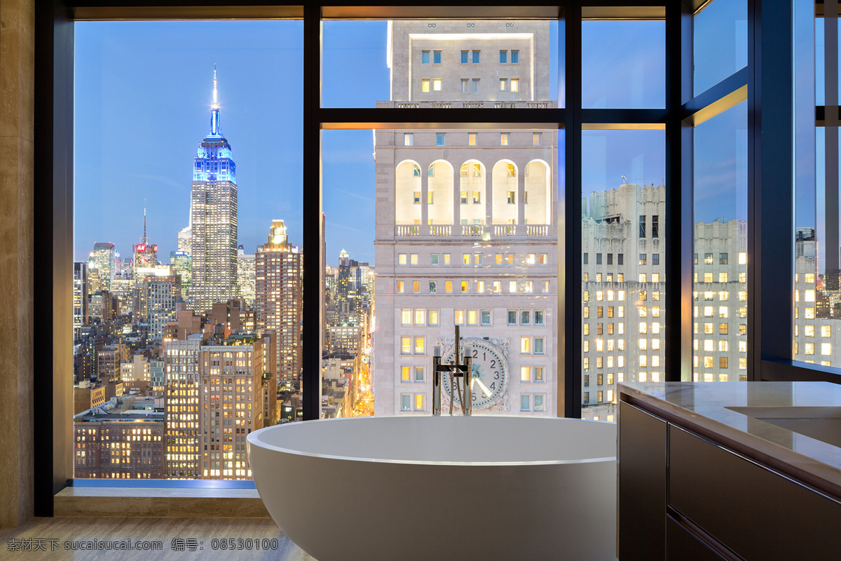 现代 简约 浴室 装修 效果图 城市风光 风景 柜子 简约风格 落地窗 室内设计 水龙头 浴缸