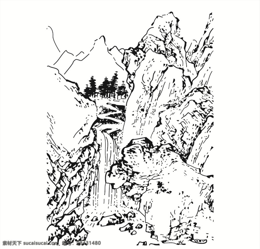 山泉 大山 植物 树木 泉水 瀑布 风景 线条 矢量 装饰 插画 白描 自然景观 自然风光