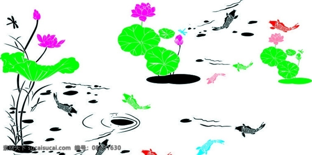 手绘荷塘 手绘荷 手绘鱼 手绘水墨 手绘荷花