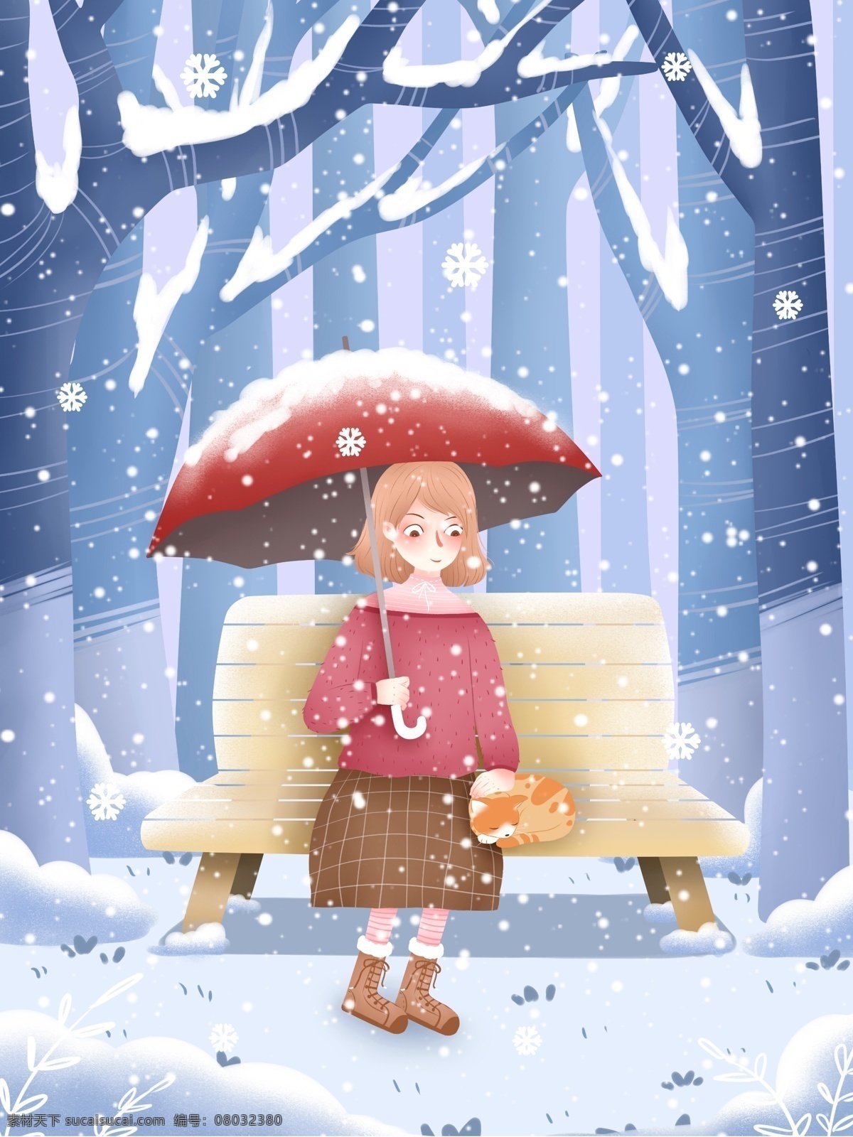 蓝色 唯美 冬季 节气 插画 卡通 雪花 白色 青色 朦胧 小雪 大雪 24节气 冬季节气 凉爽 光点 寒冷 冷 少女 小女孩 女孩 树 雪 白斑 霜点 圆点 霜雪