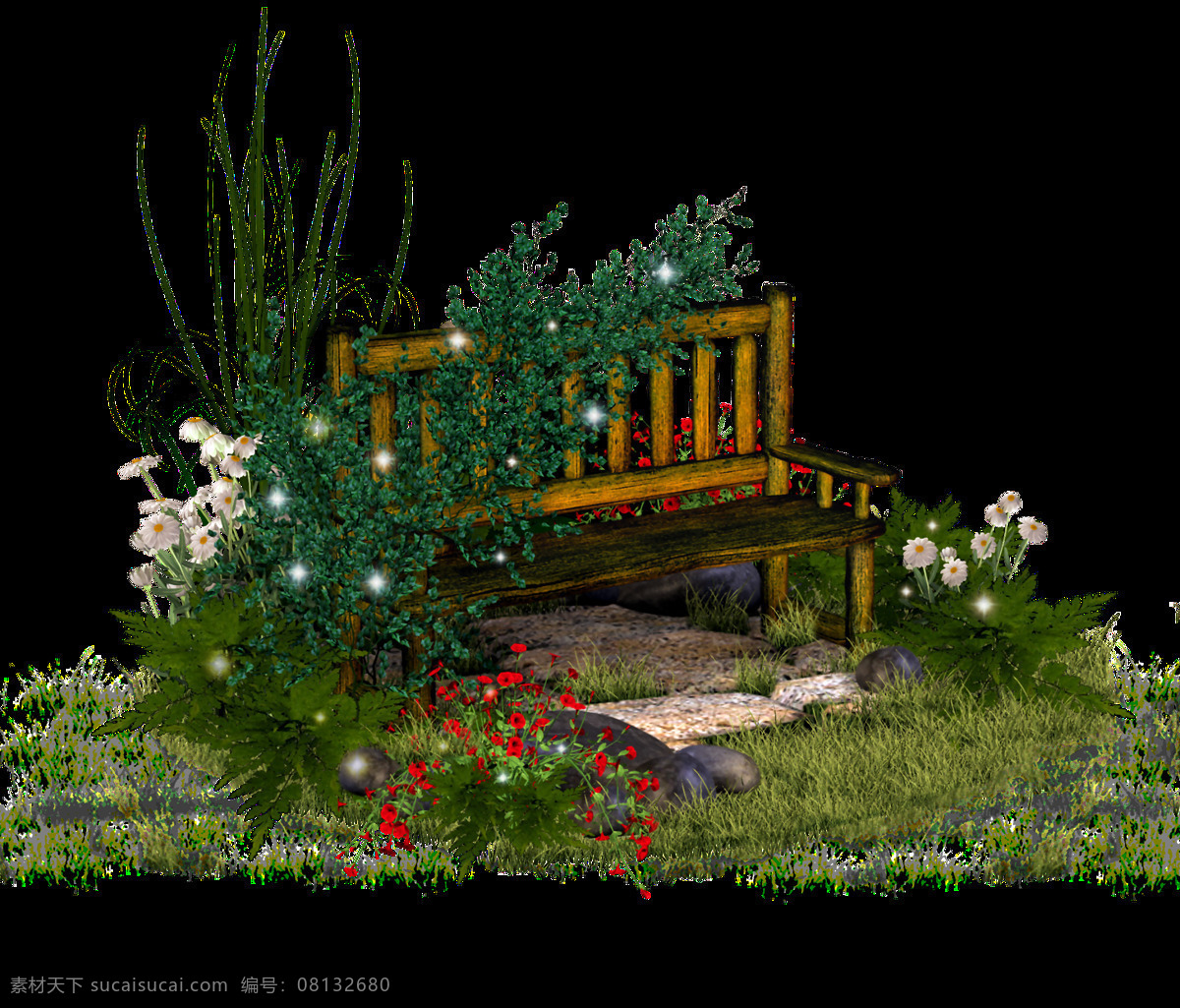 手绘 童话 茂盛 花园 透明 草地 长椅 红花 石路 透明素材 免扣素材 装饰图片
