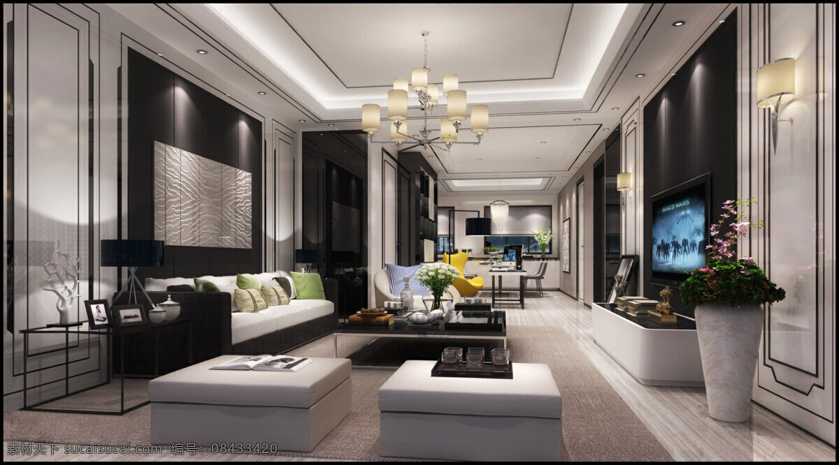 美式 清新 客厅 白色 大 花瓶 室内装修 效果图 白色沙发椅 客厅装修 吊灯 大理石墙面