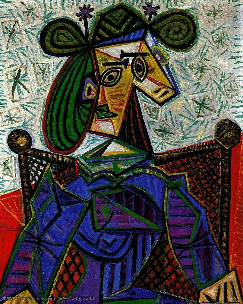 西班牙 画家 巴勃罗 毕加索 抽象 油画 人物 人体 装饰画 fauteuil un dans assise femme 1941 装饰素材