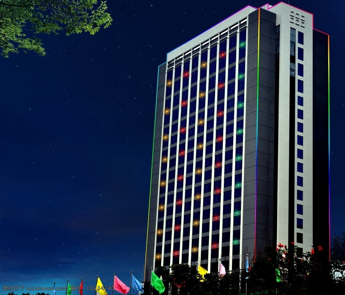 led 效果图 led效果图 分层 草 高楼大厦 红旗 楼房 楼房效果图 霓虹灯 夜景 源文件 家居装饰素材 灯饰素材