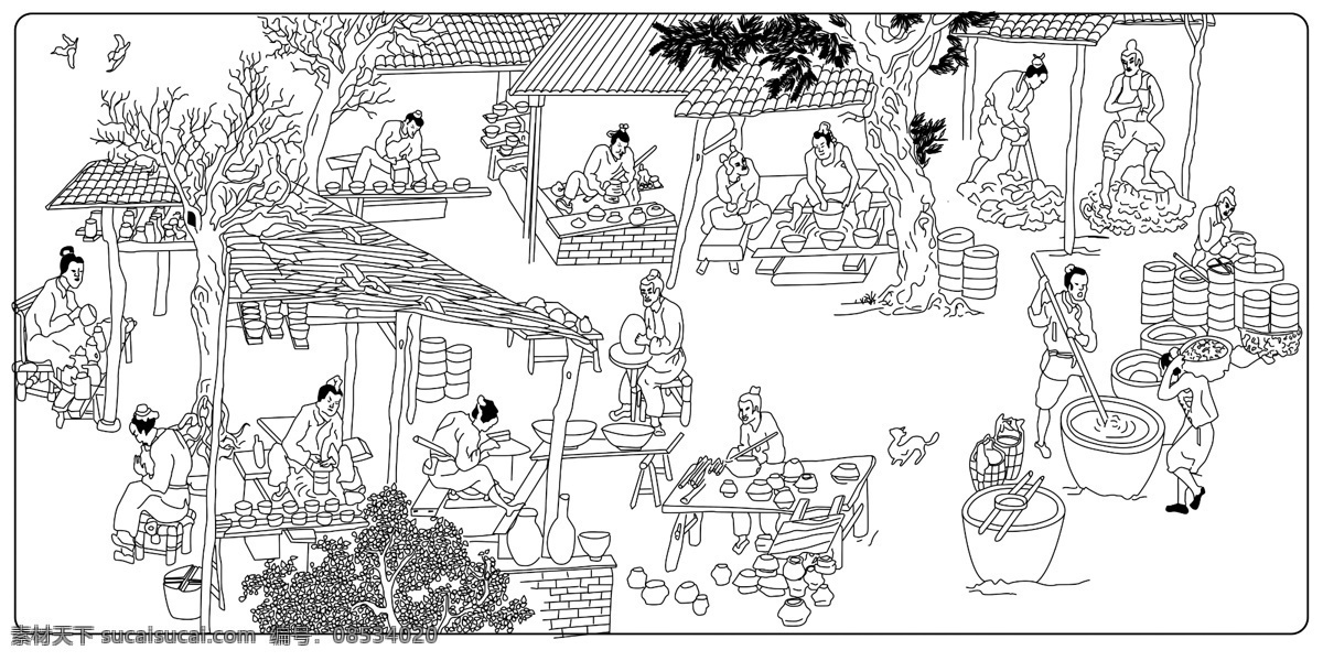 古代 瓷器 加工 场景 图 耀州窑 耀州瓷 宋代 白描 场景图 文化艺术 传统文化