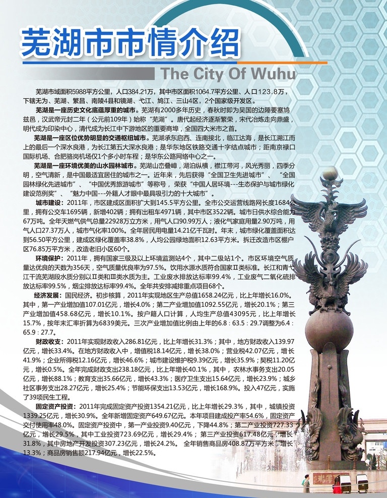 芜湖市市情 芜湖市介绍 展板 文字排版 鸠兹广场 大气 时尚 简单 展板模板 广告设计模板 源文件