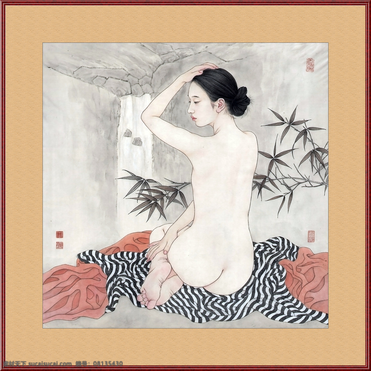 工笔画 美女 出浴 已装裱 字画 美术绘画 文化艺术