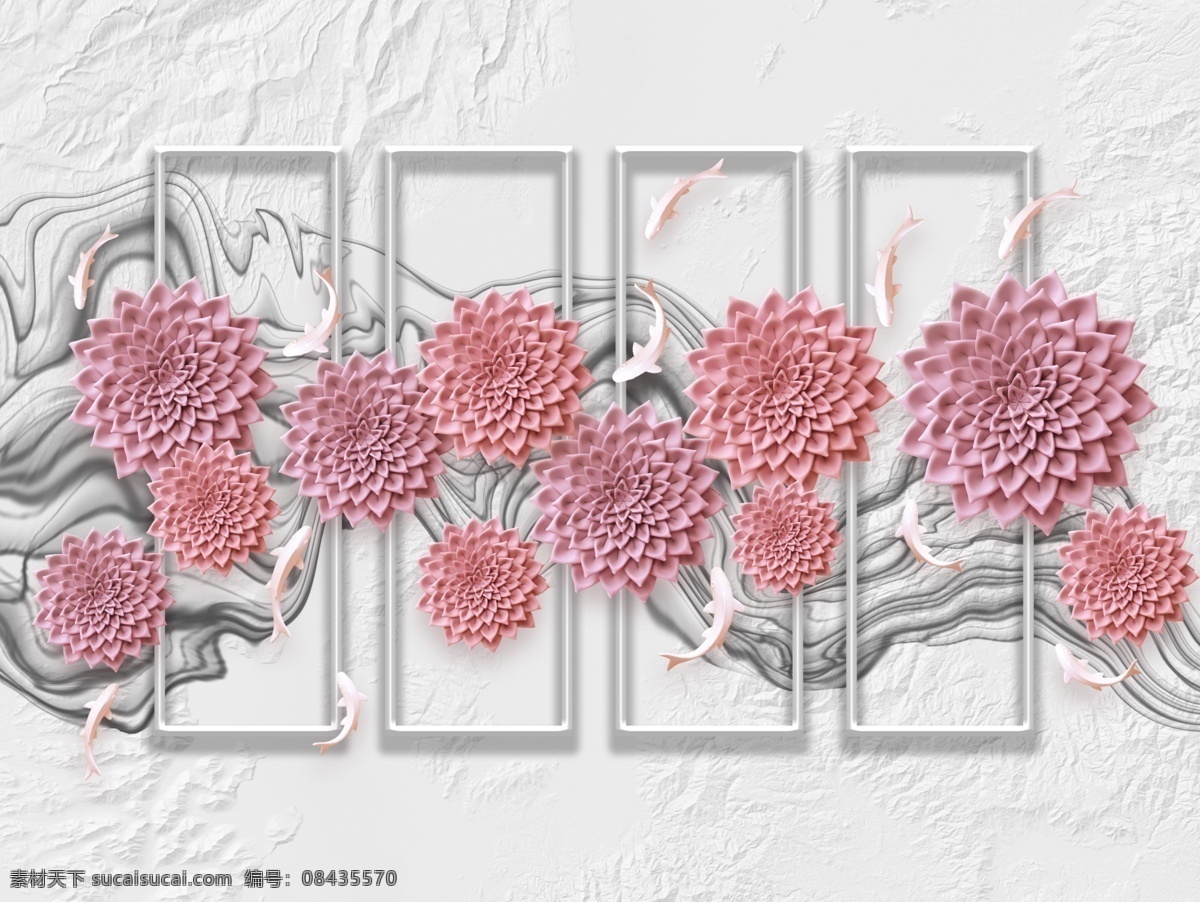 新 中式 立体 花 线条 鱼 装饰画 沙 发电 新中式 沙发 电视背景墙